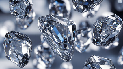 A realistic close-up of sparkling transparent crystals or diamonds, showcasing detailed light reflections and sharp surface textures. The blurred background adds depth and a luxurious aesthetic.