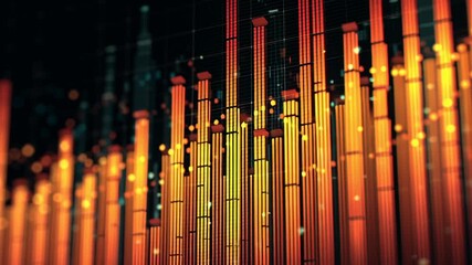 Rising glowing bars creating a vibrant abstract data visualization, representing growth, statistics, and technological progress in a dynamic digital environment - Powered by Adobe