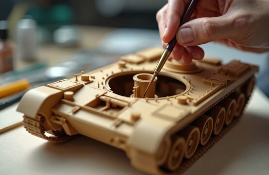 Man hand paints miniature tank model with brush. Person assembles scale replica of army vehicle. Hobbyist creates detailed model kit on desk with tools.