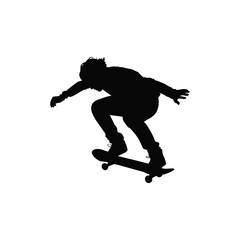 Silhouette of a skateboarder performing a trick against a white background