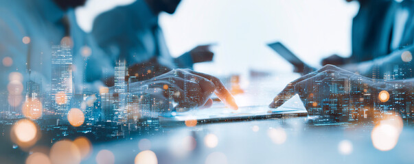 Digital technology, Business network connection, Teamwork, Deal, Partnership and data exchange, Investment analysis, planning and strategy. Businessman working with digital device on smart city