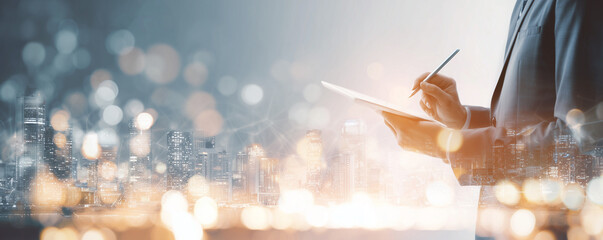 Digital technology, Business network connection, Teamwork, Deal, Partnership and data exchange, Investment analysis, planning and strategy. Businessman working with digital device on smart city
