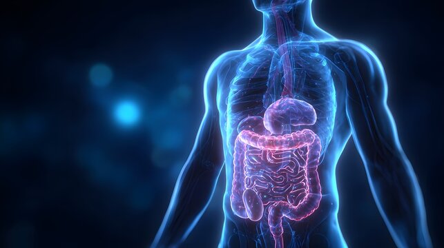 Human Digestive System X-Ray Scan with Glowing Organs.