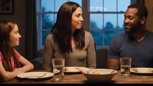 A loving multi-racial family with a young daughter enjoys a warm and pleasant dinner together at home, sharing a special moment of joy and connection - Powered by Adobe