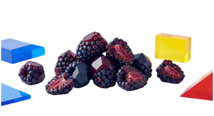 Garnet gemstones shaped like blackberries with colorful geometric blocks