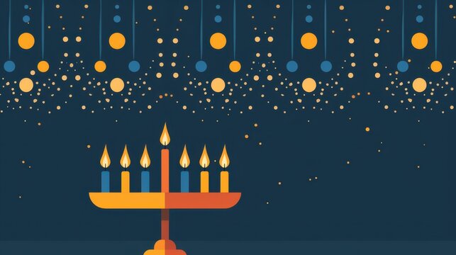 Hanukkah celebration with menorah and festive lights for holiday greeting cards. Flat illustarion. Jewish religious holiday. Horizontal banner. Copy space