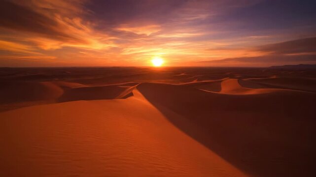 Golden sunset over the Sahara desert dunes creates a scenic orange sky across the arid Moroccan landscape
