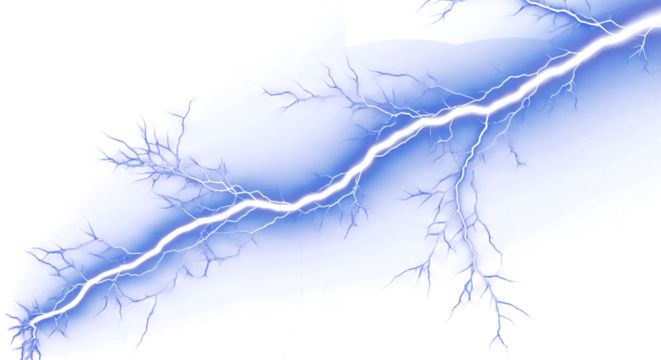 Dynamic electric lightning strike illuminates dark sky with brilliant blue energy