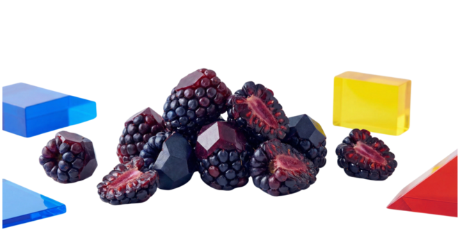 Garnet gemstones shaped like blackberries with colorful geometric blocks