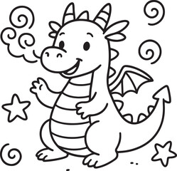 Cute cartoon dragon waving with stars and swirls