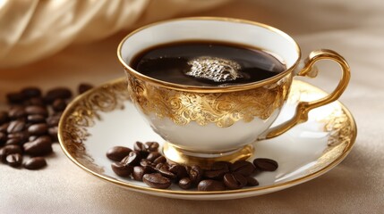 A beautifully designed golden cup holds dark coffee surrounded by roasted coffee beans on a soft elegant surface. The scene captures a moment of luxury and relaxation.