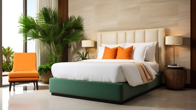 Ultra-smooth green panel backdrop, low-set orange leather bed, ambient skylight flooding in, and three-piece sculpted lobby set in dusty rose upholstery 