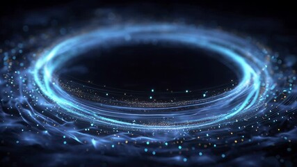 A celestial view of a glowing blue singularity event horizon, an abstract vortex of light and shimmering cosmic particles in space - Powered by Adobe