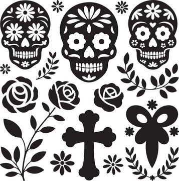 Day of the Dead Skulls and Floral Elements Black and White