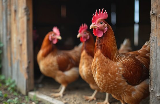 Brown chickens stand in wooden chicken coop. Several birds with red combs are inside farm building. Domestic animals await feeding in rural barn environment.