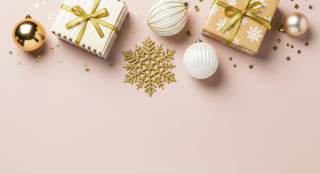 Elegant Christmas gift boxes and ornaments arranged on a pink background with a snowflake, perfect for holiday greetings and promotions - Powered by Adobe