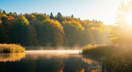 Autumn landscape with lake and forest in morning sunlight tranquil scene perfect for nature and travel publications