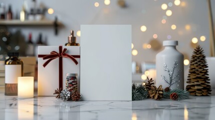 Christmas and new year mockup with decor for holiday greetings and designs. White poster, Christmas background. Template for pharmacy, drugstore, cosmetics store. Horizontal banner. Copy space