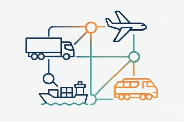Naklejka premium Innovative transport network connections illustrated with truck, airplane, ship, and van exemplifying seamless logistics unity and efficiency in modern transportation solutions