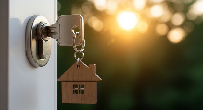 Key in a lock with a house keychain concept for homeownership security and real estate with a warm inviting sunlight background