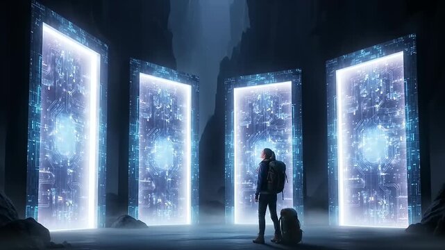 Man stands before glowing portals in a dark cavern.