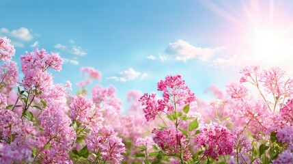 Obraz premium Vibrant pink flowers fill the scene illuminated by warm sunlight. A clear blue sky and fluffy clouds create a serene spring atmosphere.
