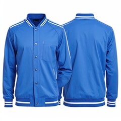 Front and back view of a royal blue jacket with white stripes (1)
