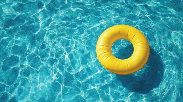 A yellow circular float is gently bobbing on the surface of a crystal clear pool. Sunlight reflects off the water creating sparkling patterns. Perfect summer scene.