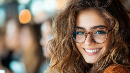 A young woman with curly hair and glasses smiles brightly, indoors in a cafe setting, with warm, soft lighting.
