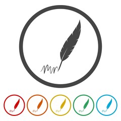 Feather quill pen icon. Set icons in color circle buttons