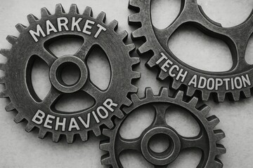 Interlocking gears labeled 'Market', 'Behavior', and 'Tech Adoption', representing the dynamics of market strategies and technology integration. Concept of innovation in business.