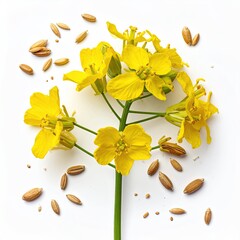 Bright yellow mustard flower cluster with seeds