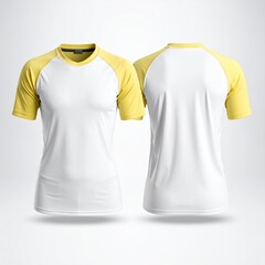 Front and back view of a white women's t-shirt with mustard yellow raglan sleeves