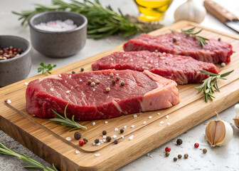 Raw halal beef steak with fresh vegetables on a plate ready to be cooked