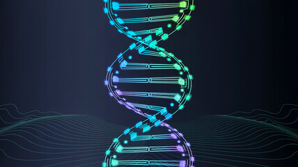 Glowing DNA Double Helix with Abstract Wave Background
