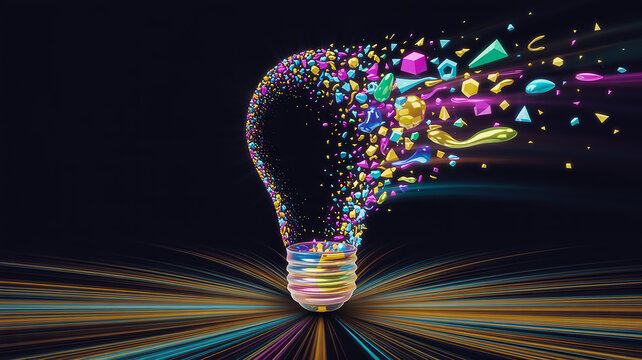 Light Bulb Shattering Into Colorful Geometric Shapes With Light Streaks
