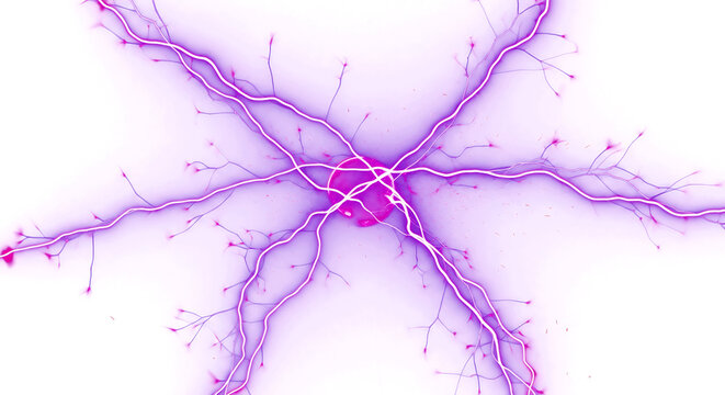 Vibrant purple lightning strikes radiate from a glowing orb on black background, dynamic energy burst