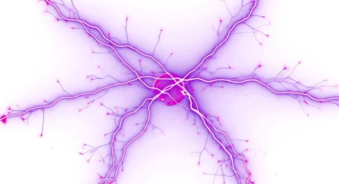 Vibrant purple lightning strikes radiate from a glowing orb on black background, dynamic energy burst