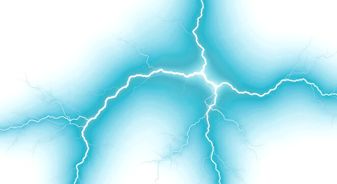 Dynamic bright blue lightning strikes across a dark black sky, electrical storm energy