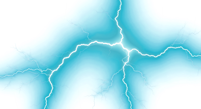 Dynamic bright blue lightning strikes across a dark black sky, electrical storm energy