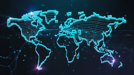 Glowing Neon World Map with Digital Connections global