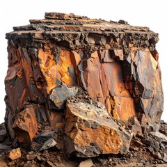 Massive, jagged rock formation.  Layered, fractured, and colorful