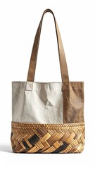 Beige and brown tote bag with woven bottom