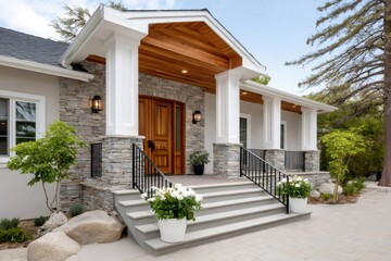Fototapeta premium Modern house exterior with stone and wood entrance porch