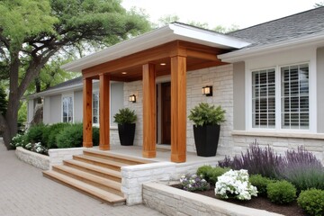 Fototapeta premium Modern house exterior with wood porch and stone facade