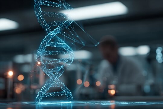 AI Technology Analyzing DNA Structure on Futuristic Display - Powered by Adobe