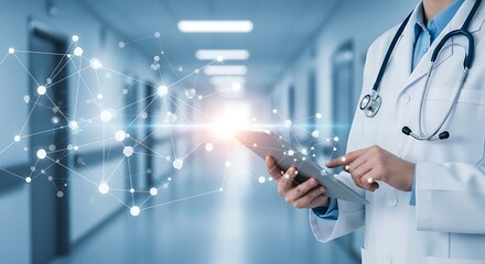 Doctor using smartphone in hospital hallway with digital network overlay