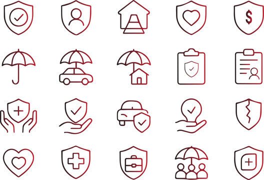 Set of thin line icons representing various insurance and protection concepts like health, home, car, and general security shields