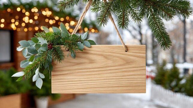 Hanging blank wooden sign with christmas greenery decoration