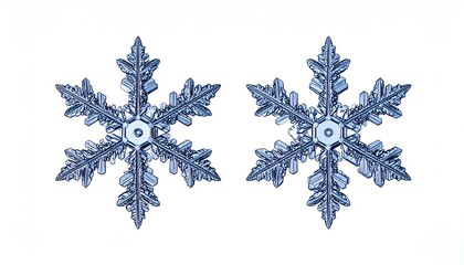 Two detailed, symmetrical snowflakes, light blue, against a plain white background.  They exhibit complex, intricate, and delicate ice crystal patterns